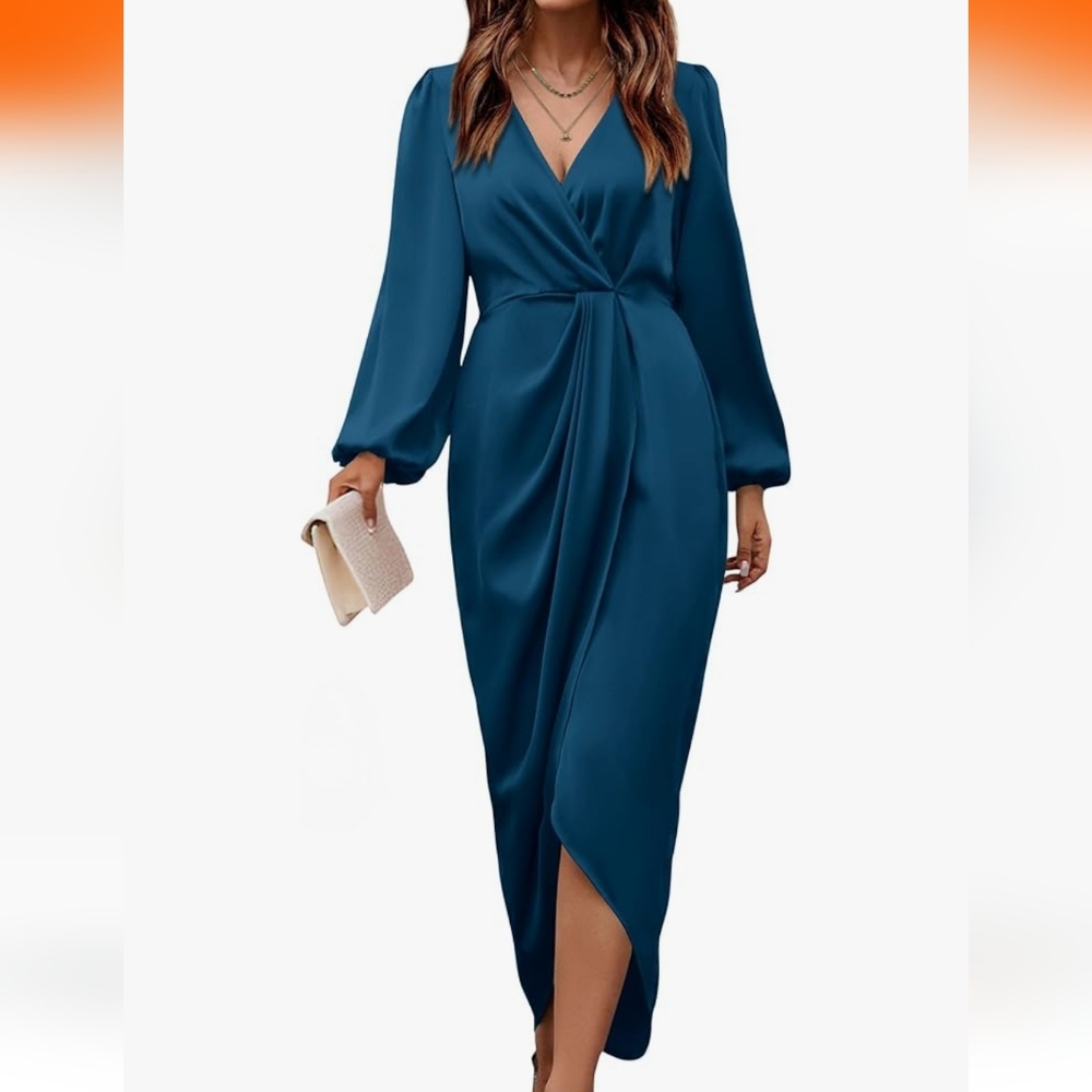 Elegant Blue Green Long Sleeve Dress